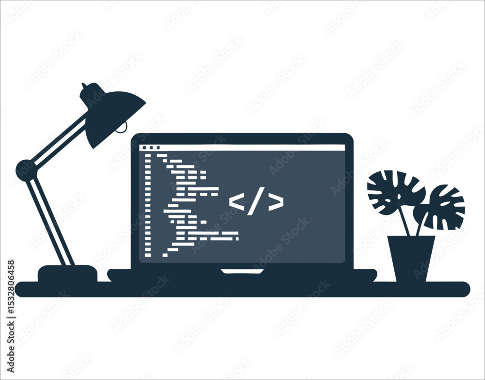 Poster silhouette icon of terminal and code brackets
