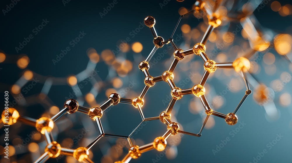 Poster abstract representation of a molecular structure. golden atoms are connected by bonds, creating a co