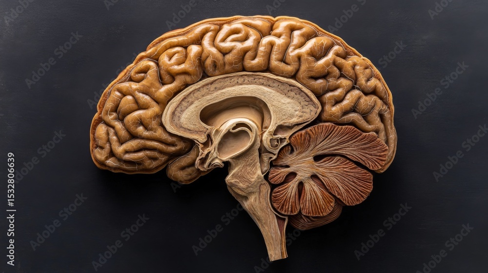 Poster a close-up view of a human brain with labeled anatomical parts, placed on a sleek black background f