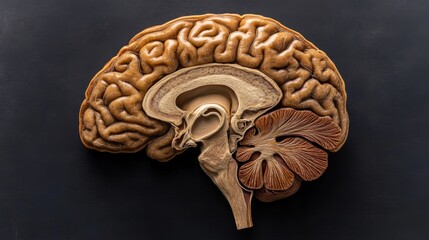 A close-up view of a human brain with labeled anatomical parts, placed on a sleek black background for a clean, educational representation of its features.