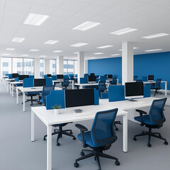 Modern white and blue open space office interior.