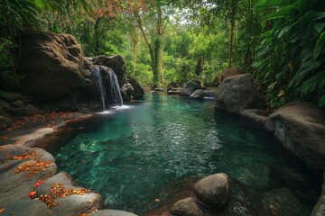 Naklejka premium A serene oasis nestled in a lush rainforest, where a small waterfall cascades into a clear, inviting pool of water. The scene is surrounded by vibrant greenery and large rock formations.