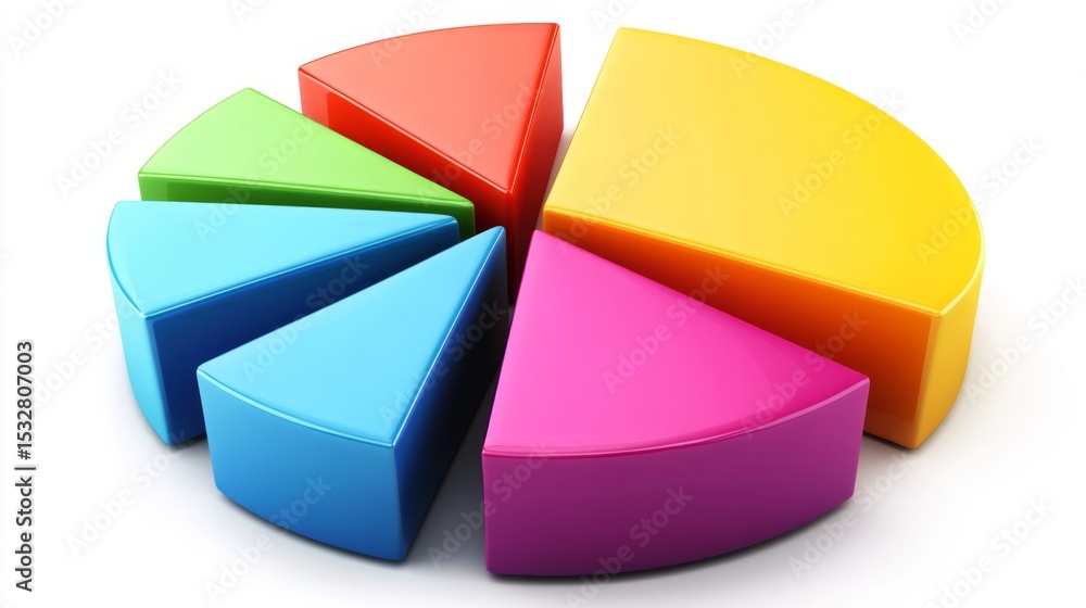 Poster A colorful D pie chart with segmented sections in vibrant shades, each piece slightly raised, casting soft shadows on a white background