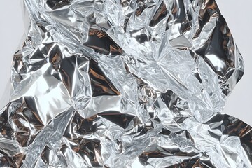 Close-up view of shiny crumpled aluminium foil, showing its reflective surface and abstract patterns