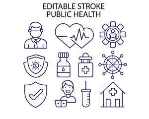 Public Health Line Icon Set – Healthcare and Disease Prevention Vector Collection

