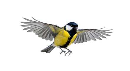 Great Tit in Flight: A Vibrant Songbird Isolated on White