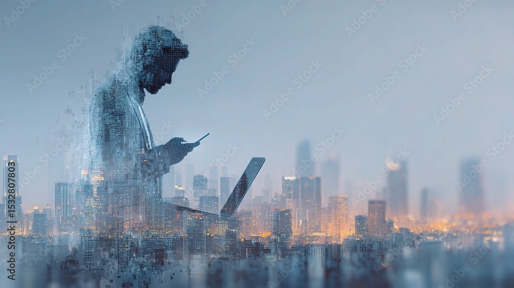 Aufkleber man using mobile device in big data network concept with cityscape
