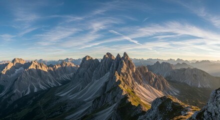 Panoramic sunset view of majestic mountain range, showcasing rugged peaks and valleys bathed in golden light