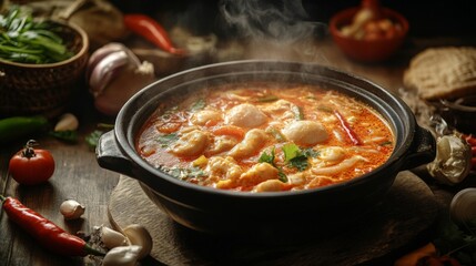 A cozy setting featuring a steaming bowl of tom yum goong, with steam wafting up, capturing the warmth and inviting aroma of this beloved Thai dish