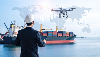 import oil oil shipment supply chain. A businessman oversees shipping operations with a drone and a digital world map, symbolizing modern logistics and technology in transport.