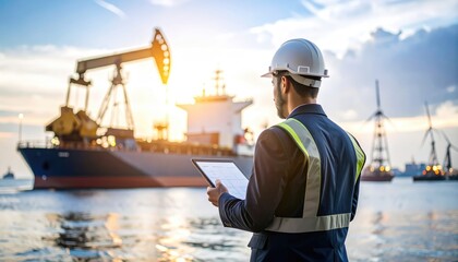 import oil oil shipment supply chain. A worker inspects shipping operations near a cargo ship at sunset, showcasing maritime industry activities.
