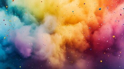 A dynamic burst of rainbow-colored paint splatters creates a surreal abstract scene in mid-air