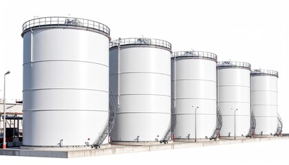 import oil oil shipment supply chain. Large industrial storage tanks in a row, designed for liquid storage, showcasing a clean, modern aesthetic.