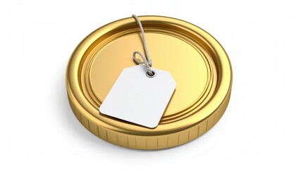 import oil oil shipment supply chain. A golden can lid with a white price tag attached, symbolizing packaging and marketing concepts.