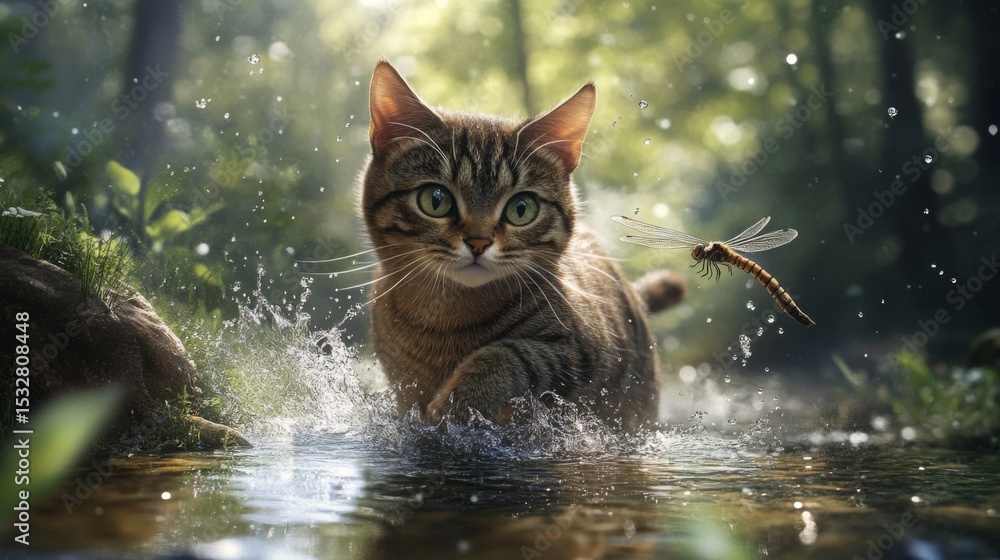 Leinwandbilder a curious tabby cat splashing through shallow puddles as it chases a dragonfly in a forest clearing.