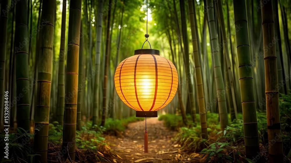 Poster Illuminated round paper lantern hangs in serene bamboo forest over a winding path, creating a tranquil scene with soft lighting.
