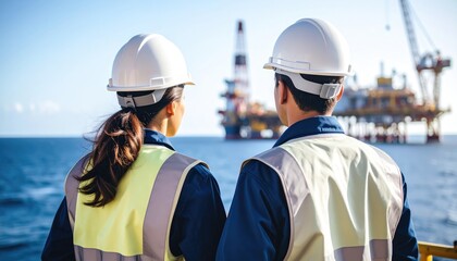import oil oil shipment supply chain. Two workers in safety gear observe an offshore oil rig against a clear sky, highlighting teamwork and the energy industry.