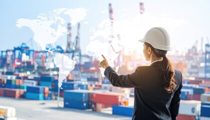 import oil oil shipment supply chain. A woman in a hard hat oversees shipping containers, pointing at a world map, representing global logistics and trade.