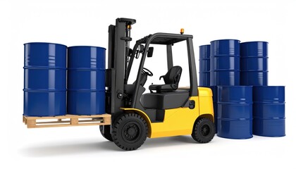 import oil oil shipment supply chain. Forklift transporting blue barrels, showcasing industrial logistics and warehouse operations.