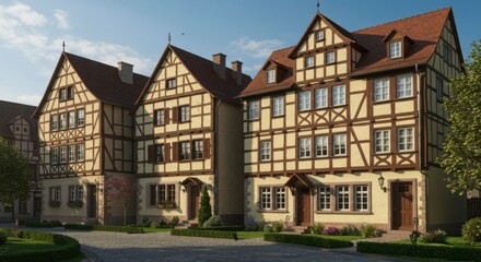 Fototapeta premium Charming European townhouses with half-timbered facades, nestled in a quaint, sun-drenched square