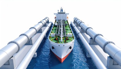 import oil oil shipment supply chain. A large ship is positioned between two industrial pipes, floating on water, showcasing a maritime transport scene.