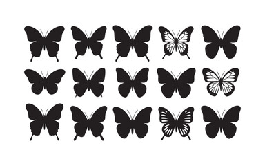 Set of 16 Black Butterfly Silhouettes – Solid and Line Style Insect Vector Icons for Nature, Decorative, and Design Projects