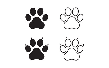 Set of 4 Paw Print Icons – Solid and Outline Animal Tracks with Claws in Vector Style for Pet, Wildlife, and Logo Design