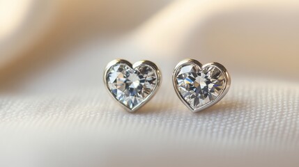 A delicate pair of diamond earrings in a heart shape, lying gracefully on a white background, symbolizing love and elegance.