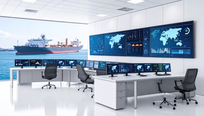 import oil oil shipment supply chain. Modern control room featuring multiple monitors displaying maritime data, with a ship visible through large windows.