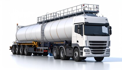 import oil oil shipment supply chain. A large white tanker truck designed for transporting liquids, featuring multiple storage tanks and a sturdy build.
