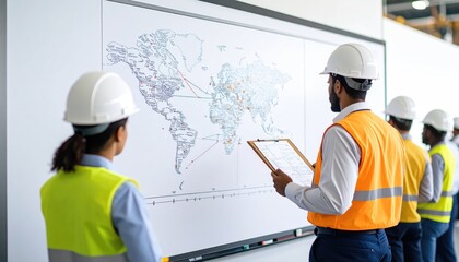 import oil oil shipment supply chain. Construction workers reviewing a world map on a wall, wearing safety helmets and vests in a work environment.