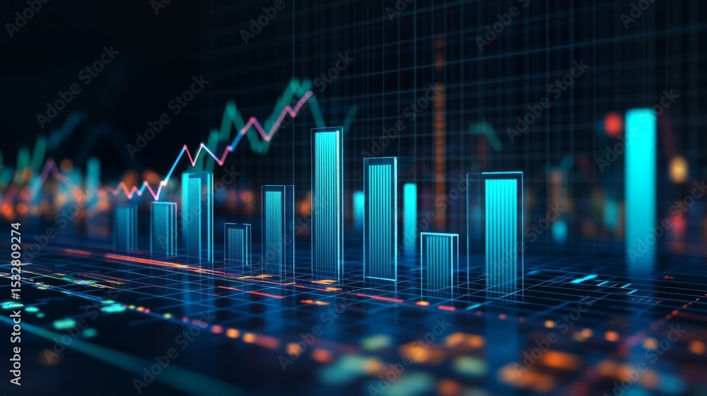 Poster a detailed d financial bar graph with rising bars in blue and green tones, set against a modern digi