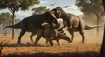 Fototapeta premium Two Giganotosaurus launch a coordinated attack on a lone Stegosaurus in the savanna, dust swirling as the predator duo closes in on their isolated prey.