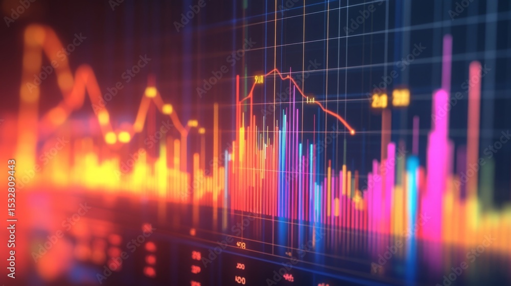 Aufkleber A detailed financial chart with upward-trending lines on a digital screen, surrounded by glowing data points and analytics in a professional setting.