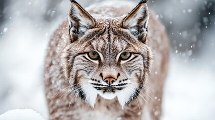 Obraz premium Closeup Portrait of a Wild Lynx in Snowy Forest with Frost-Covered Fur and Intense Gaze – Winter Wildlife Photography