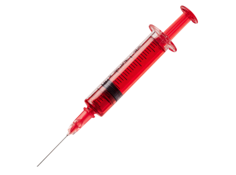 Red liquid filled syringe isolated on black background medical injection healthcare, Isolated On Transparent Background