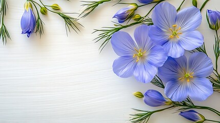 Elegant Flax Flowers on White Wood Background with Space for Text