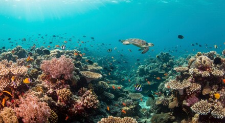 Fototapeta premium Vibrant underwater scene Colorful coral reef teeming with various fish and a graceful turtle swimming