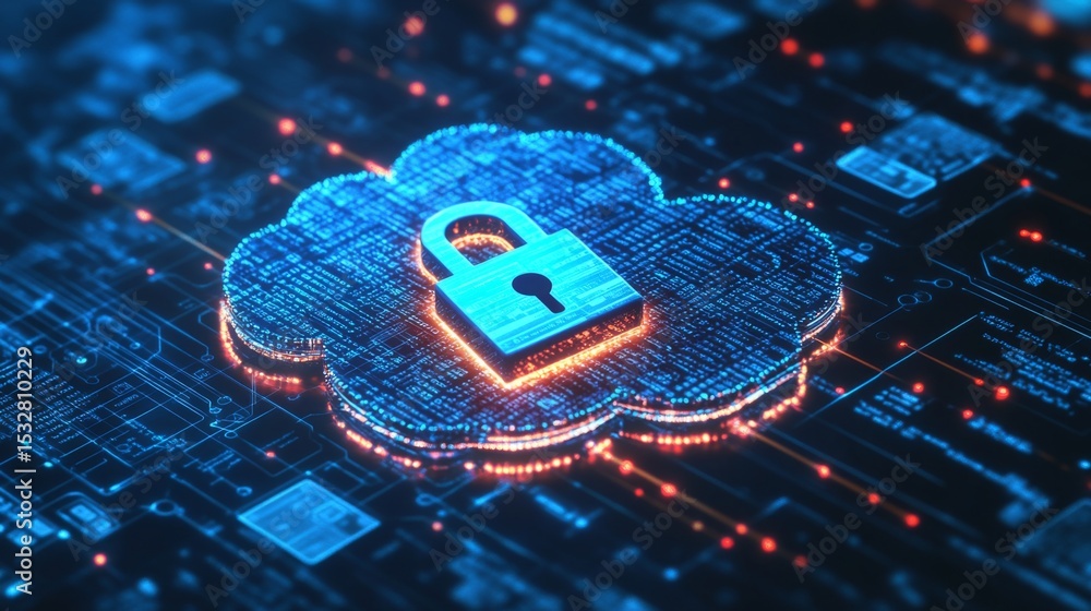 Poster a digital lock on a cloud storage interface, symbolizing secure cloud data management and encryption