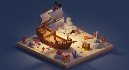 Obraz premium Sunken Pirate Ship Treasure Hunt Low Poly 3D Render Isometric View