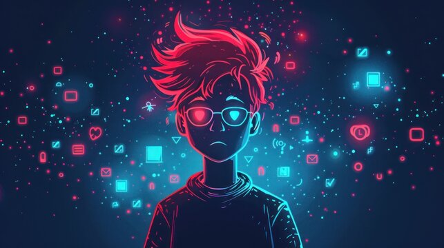 A thoughtful youth bathed in neon light, surrounded by digital icons