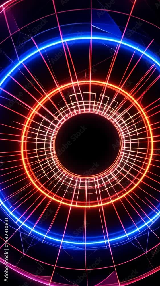 Poster futuristic neon circles with grid lines creating a tunnel perspective, a captivating and modern abst