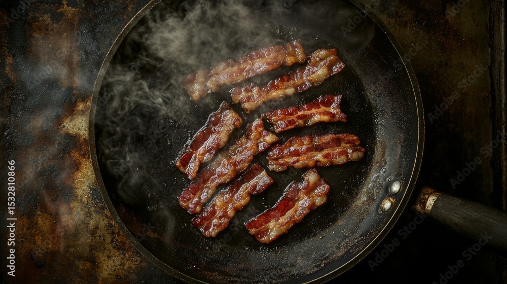 Poster A dramatic image of bacon strips caramelizing in a frying pan, with the heat creating a tantalizing visual of texture and color, enhancing the dishs appeal