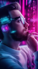 Man in Futuristic Neon Lit Bar Adjusting Headset