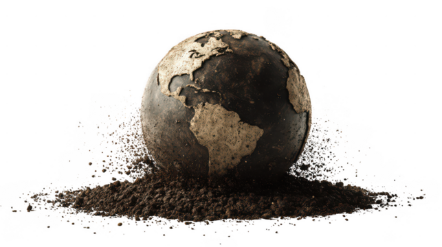 A dirty earth globe sinking into soil