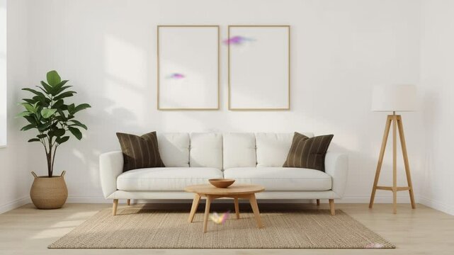 Modern minimalist living room interior with white sofa