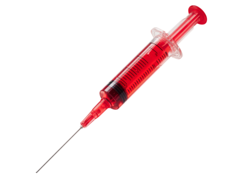 Red liquid filled syringe isolated on black background medical equipment, Isolated On Transparent Background
