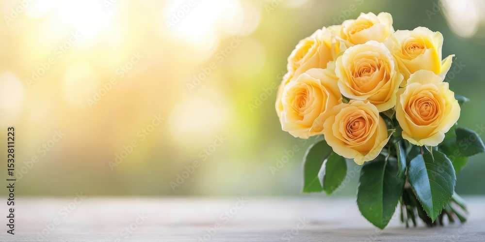 Poster a bouquet of yellow roses sits on a table. the flowers are arranged in a way that they are all facin