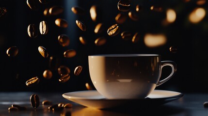 A captivating view of floating coffee beans above a serene cup of coffee ready to be brewed