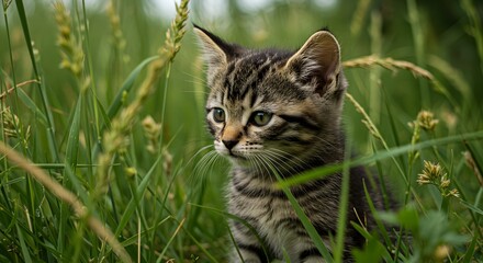 Obraz premium Adorable Tabby Kitten Exploring Green Meadow
